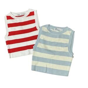 ZARA Cropped Knit Tank Top Sleeveless Stripped Light Blue/Red 2 Pc Bundle Size S